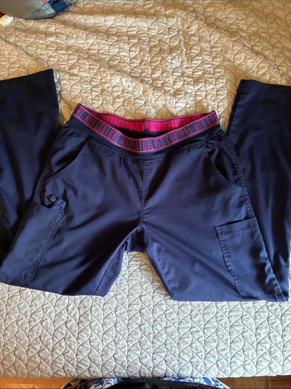 Med Couture Navy Scrub Pants with Pink Branded Waistband